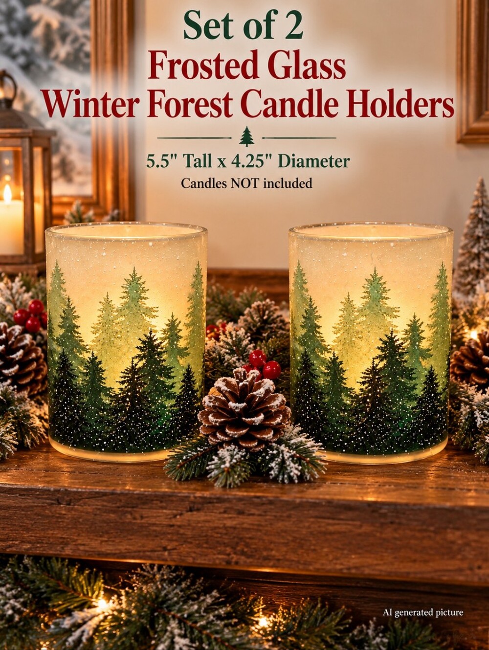 Set Of 2 Frosted Glass Winter Forest Candle Holder